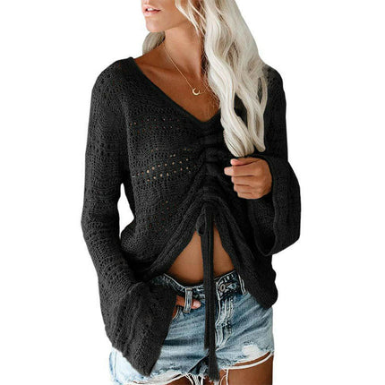 Hollow Trumpet Sleeve Drawstring V-neck Pullover Knitted Loose Top for Women