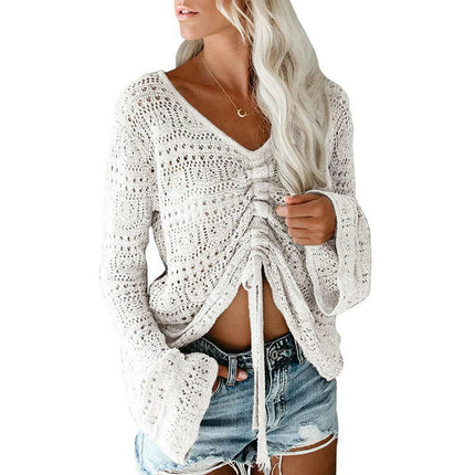 Hollow Trumpet Sleeve Drawstring V-neck Pullover Knitted Loose Top for Women
