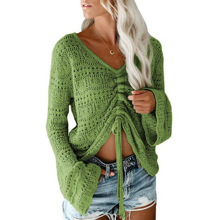 Hollow Trumpet Sleeve Drawstring V-neck Pullover Knitted Loose Top for Women