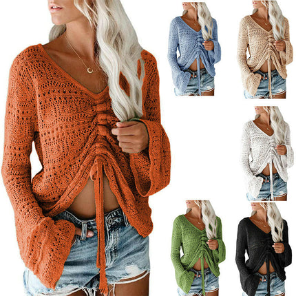Hollow Trumpet Sleeve Drawstring V-neck Pullover Knitted Loose Top for Women