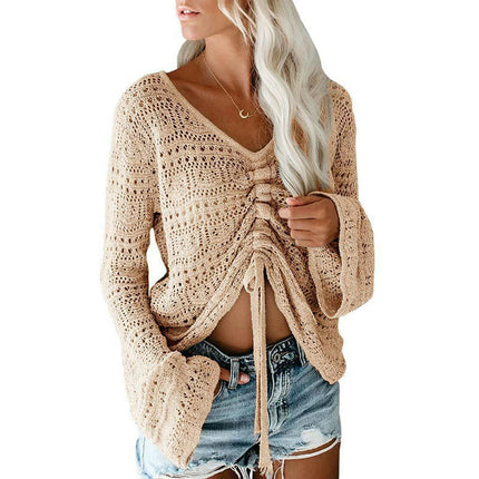 Hollow Trumpet Sleeve Drawstring V-neck Pullover Knitted Loose Top for Women