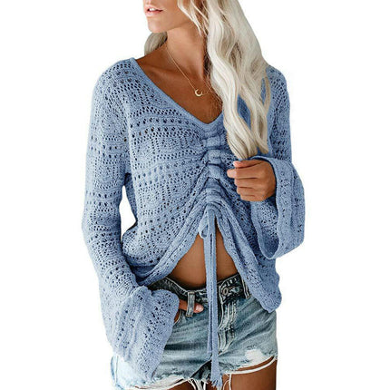 Hollow Trumpet Sleeve Drawstring V-neck Pullover Knitted Loose Top for Women
