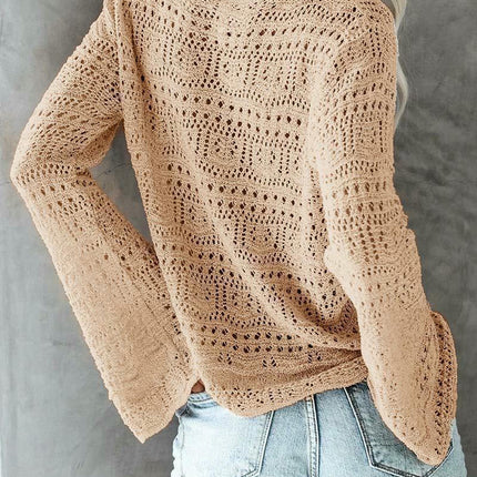 Hollow Trumpet Sleeve Drawstring V-neck Pullover Knitted Loose Top for Women