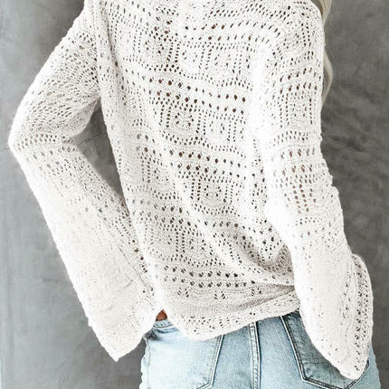 Hollow Trumpet Sleeve Drawstring V-neck Pullover Knitted Loose Top for Women
