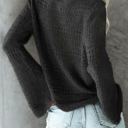 Hollow Trumpet Sleeve Drawstring V-neck Pullover Knitted Loose Top for Women