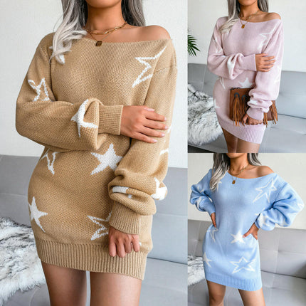 Womens Autumn and Winter Star Print Off-the-shoulder Sweater Dress Knitted Dress