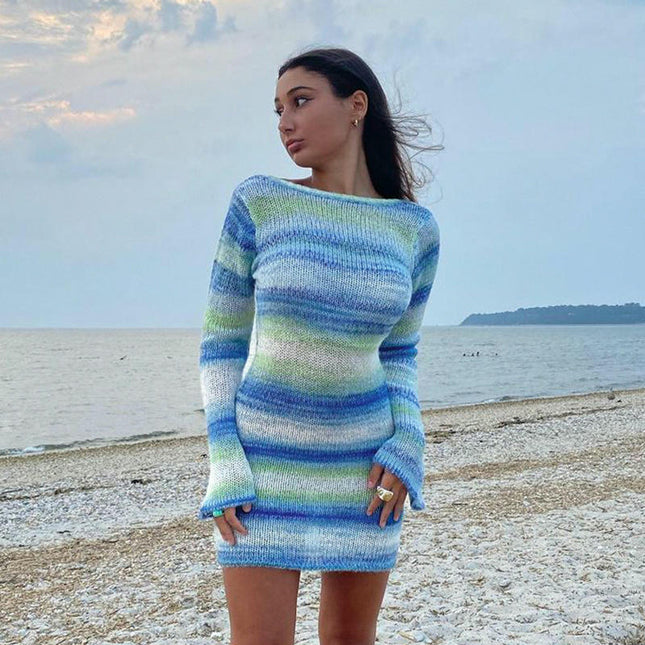 Women's Knitted Beach Dress Sexy Backless Trumpet Sleeve Striped Sweater Dress