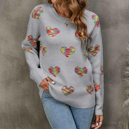 Women's Loose Pullover Knitted Sweater Colorful Jacquard Heart Sweater
