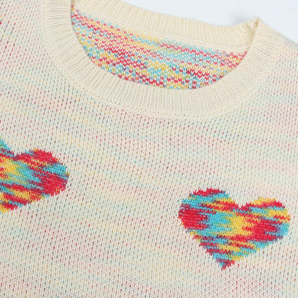 Women's Loose Pullover Knitted Sweater Colorful Jacquard Heart Sweater