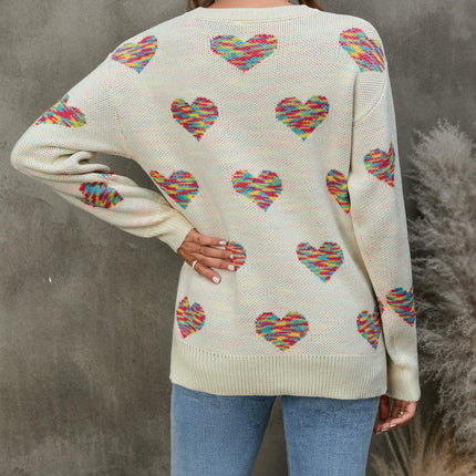 Women's Loose Pullover Knitted Sweater Colorful Jacquard Heart Sweater