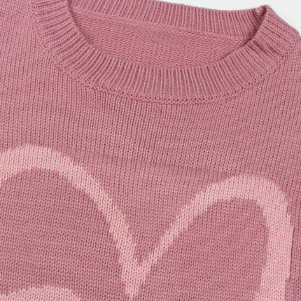 Women's Round Neck Heart Knitted Sweater Long Sleeve Loose Casual Pullover