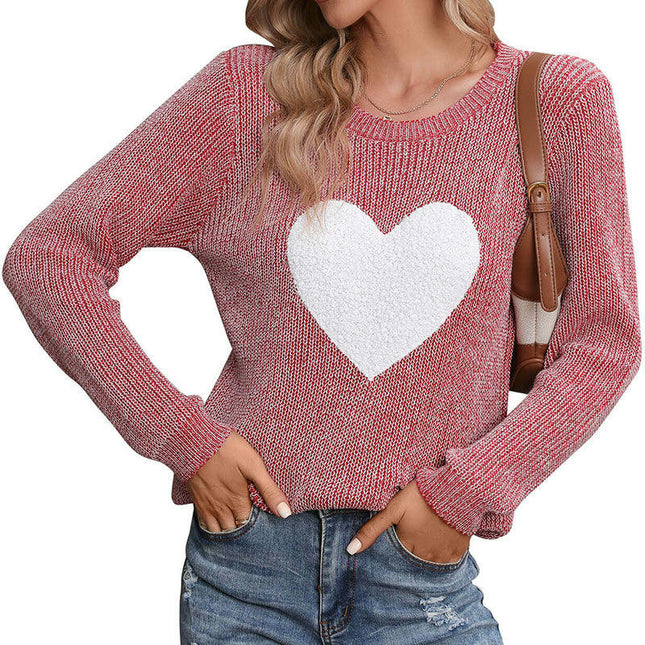 Autumn Pullover Sweater Round Neck Plush Heart Patch Knitted Sweater for Women