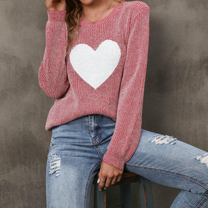 Autumn Pullover Sweater Round Neck Plush Heart Patch Knitted Sweater for Women