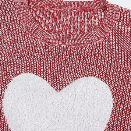 Autumn Pullover Sweater Round Neck Plush Heart Patch Knitted Sweater for Women