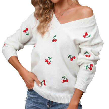 Autumn Casual Knitted Sweater Cherry Jacquard V-neck Pullover Sweater for Women