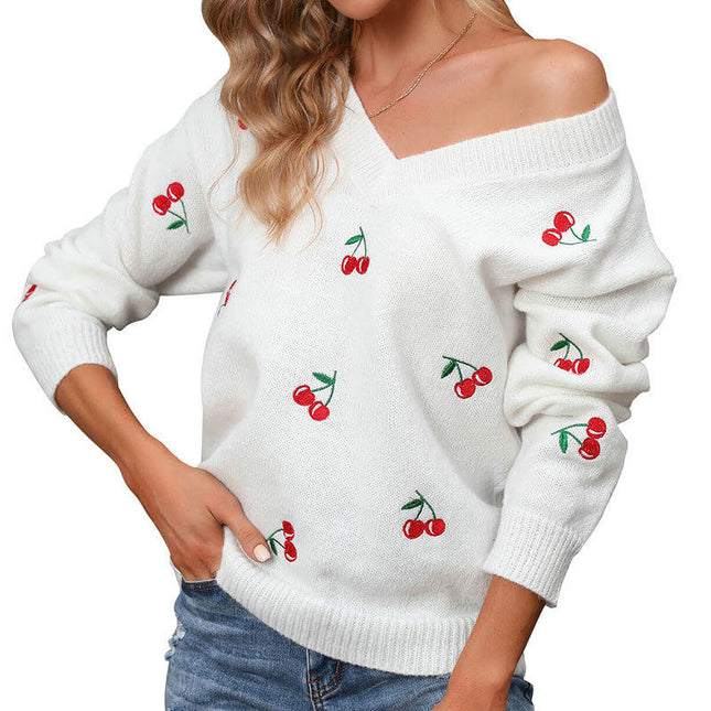 Autumn Casual Knitted Sweater Cherry Jacquard V-neck Pullover Sweater for Women