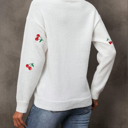 Autumn Casual Knitted Sweater Cherry Jacquard V-neck Pullover Sweater for Women