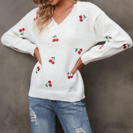 Autumn Casual Knitted Sweater Cherry Jacquard V-neck Pullover Sweater for Women