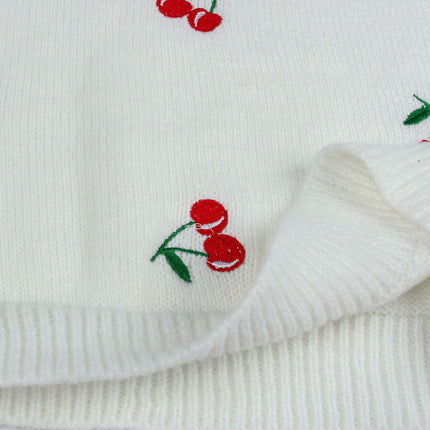 Autumn Casual Knitted Sweater Cherry Jacquard V-neck Pullover Sweater for Women