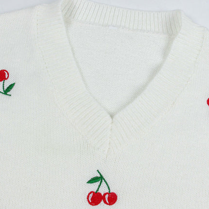 Autumn Casual Knitted Sweater Cherry Jacquard V-neck Pullover Sweater for Women