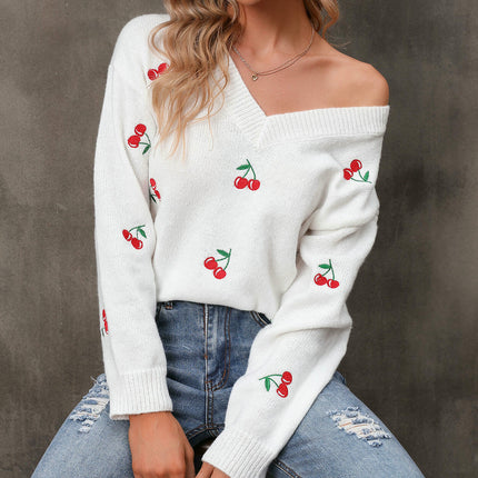 Autumn Casual Knitted Sweater Cherry Jacquard V-neck Pullover Sweater for Women
