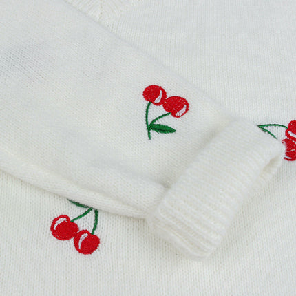 Autumn Casual Knitted Sweater Cherry Jacquard V-neck Pullover Sweater for Women