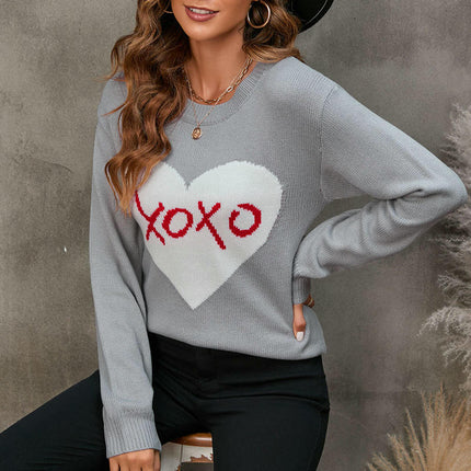 Women's Casual Cute Heart Sweater Long Sleeve Round Neck Pullover Cardigan