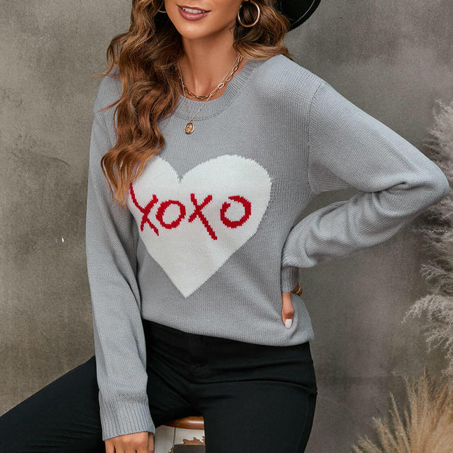 Women's Casual Cute Heart Sweater Long Sleeve Round Neck Pullover Cardigan
