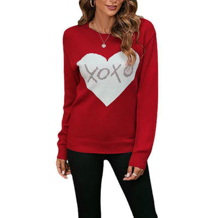 Women's Casual Cute Heart Sweater Long Sleeve Round Neck Pullover Cardigan