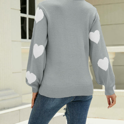 Womens Pullover Sweaters Long Sleeve Crew Neck Cute Multi-Hearts Knitted Sweater