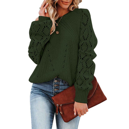 Women's Hollow Pattern Knitted Sweater Round Neck Solid Color Loose Pullover