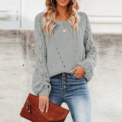 Women's Hollow Pattern Knitted Sweater Round Neck Solid Color Loose Pullover