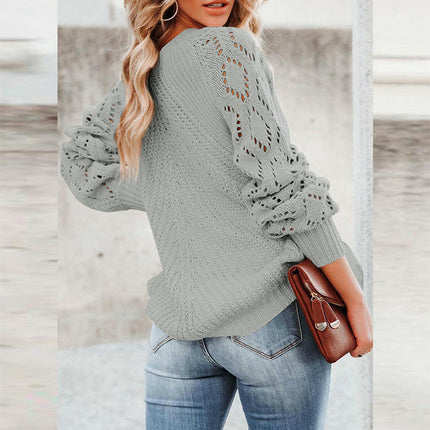 Women's Hollow Pattern Knitted Sweater Round Neck Solid Color Loose Pullover