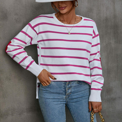 Women's Round Neck pullover sweater striped contrast color elbow heart sweater