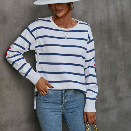 Women's Round Neck pullover sweater striped contrast color elbow heart sweater