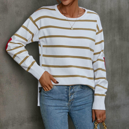 Women's Round Neck pullover sweater striped contrast color elbow heart sweater