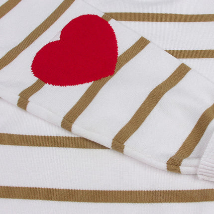 Women's Round Neck pullover sweater striped contrast color elbow heart sweater