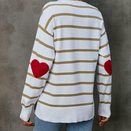 Women's Round Neck pullover sweater striped contrast color elbow heart sweater