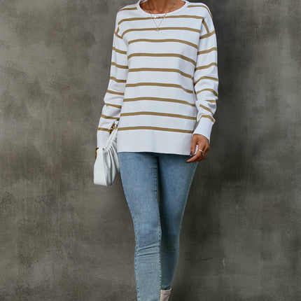 Women's Round Neck pullover sweater striped contrast color elbow heart sweater