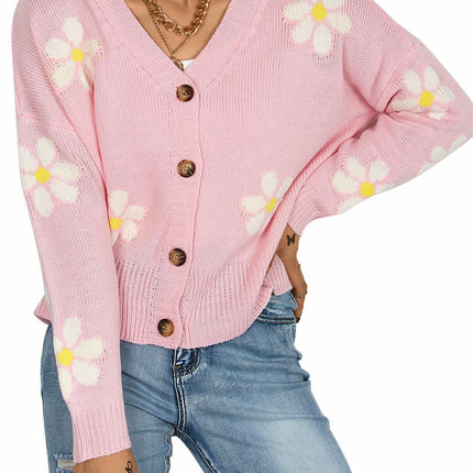 Autumn College Style Women's Knitted Cardigan Flower Button Sweater Jacket