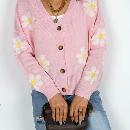 Autumn College Style Women's Knitted Cardigan Flower Button Sweater Jacket