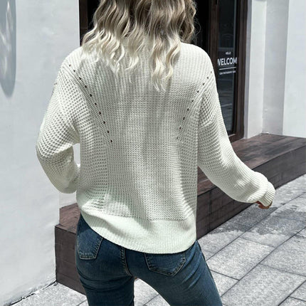 Women's Fashion Sweater Retro Simple Loose Long Sleeve V Neck Cable Sweater