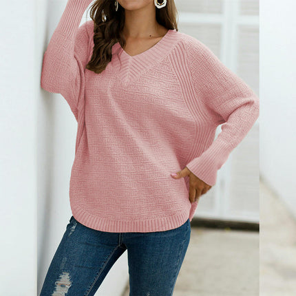 Women's Solid Color Knitted Sweater Irregular Loose V-neck Pullover Sweater