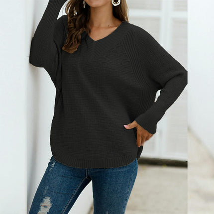 Women's Solid Color Knitted Sweater Irregular Loose V-neck Pullover Sweater
