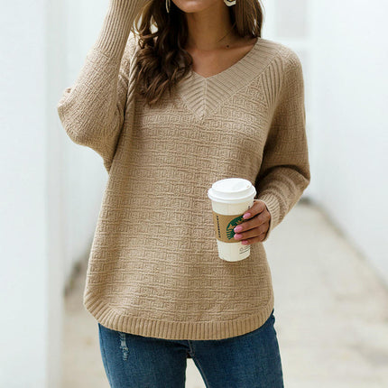 Women's Solid Color Knitted Sweater Irregular Loose V-neck Pullover Sweater
