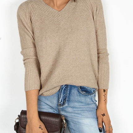 Women's Solid Color Knitted Sweater Irregular Loose V-neck Pullover Sweater