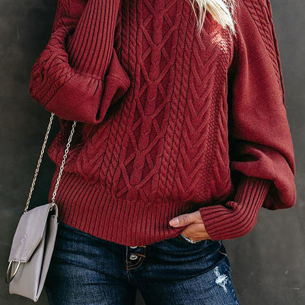Womens Pullover Cable Knitted Batwing Long Sleeve Solid Color Turtleneck Sweater