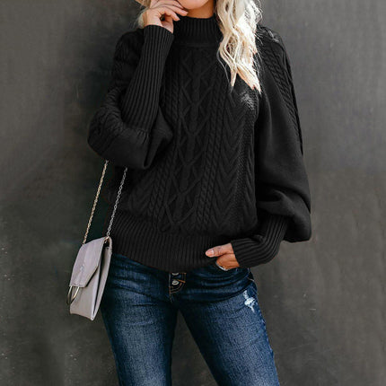 Womens Pullover Cable Knitted Batwing Long Sleeve Solid Color Turtleneck Sweater