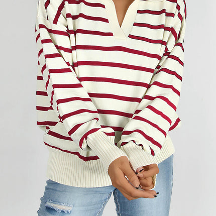 Women's Casual Striped Long Sleeve Polo V Neck Pullover Sweater Loose Fit  Knitted Top