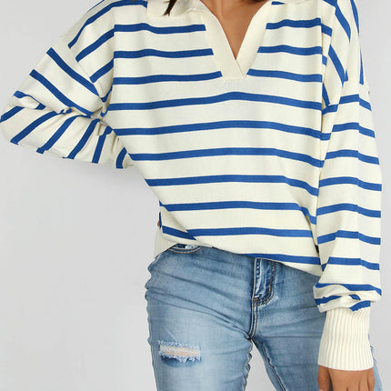 Women's Casual Striped Long Sleeve Polo V Neck Pullover Sweater Loose Fit  Knitted Top